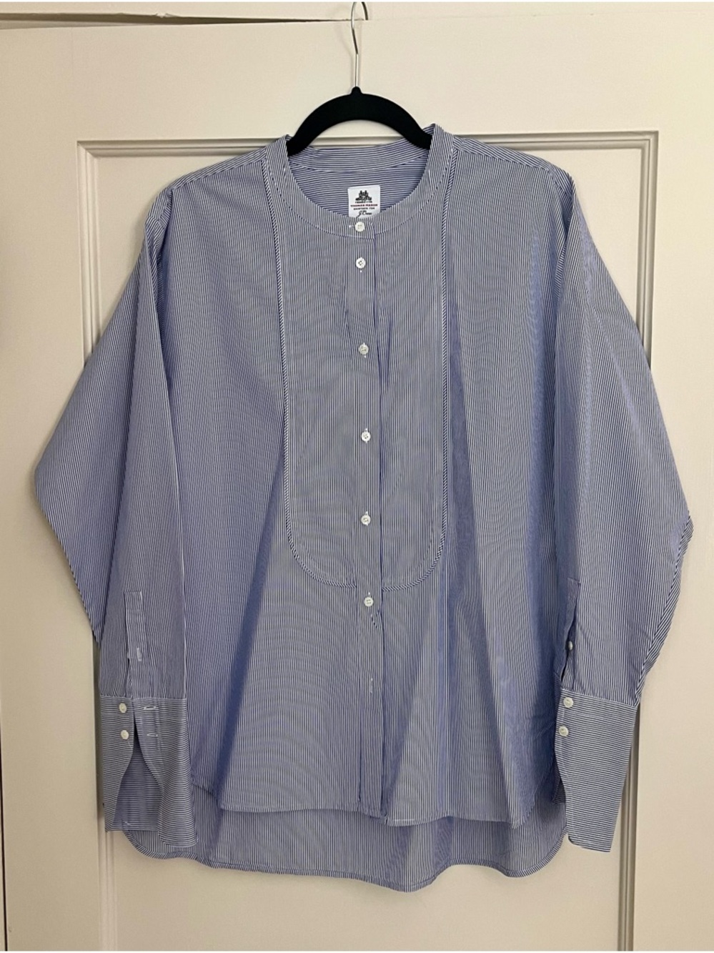 J. Crew Women's Navy & White Striped Tuxedo Style Shirt, Thomas Mason for J.Crew